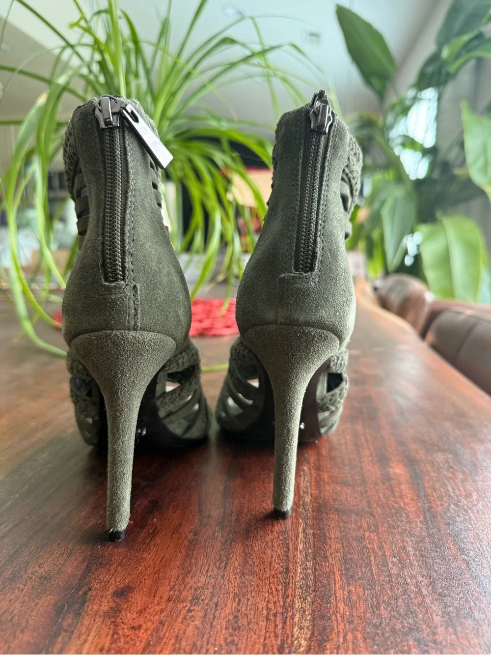 Schutz Olive Green Braided Strappy High Heel Sandals